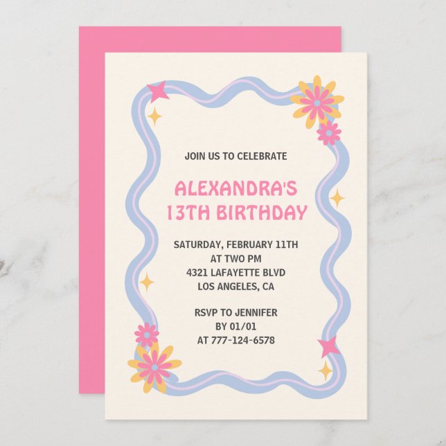 Invitation à 13e anniversaire Retro Super Rose Fle (Devant / Derrière)