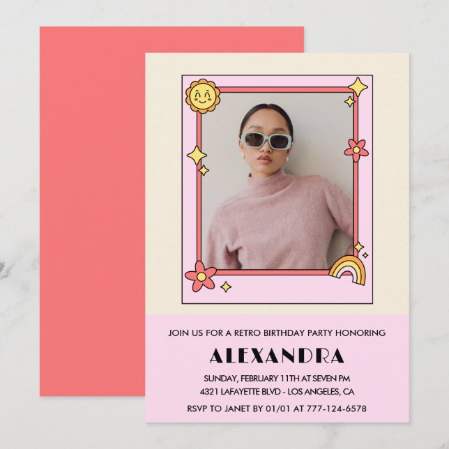 Invitation à 17e anniversaire Retro Super rose flo (Devant / Derrière)