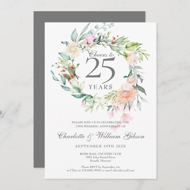 Invitation À 25 ans de mariage, roses de jubilé d'argent (Devant / Derrière)
