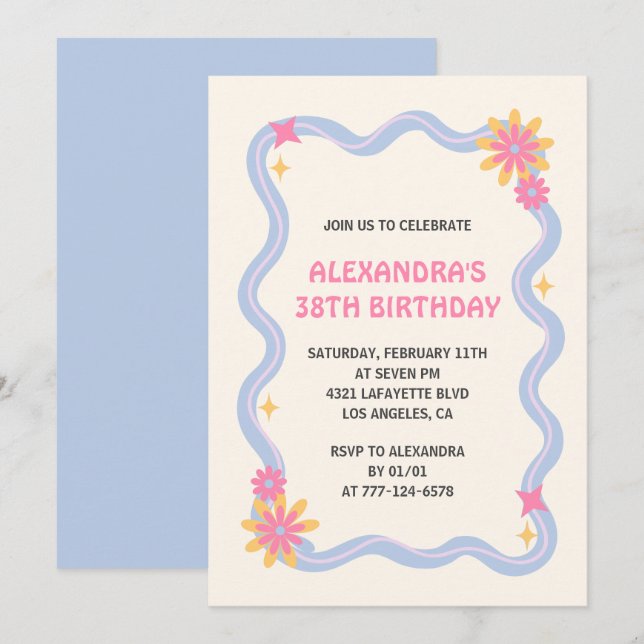 Invitation à 38e anniversaire Retro Super Blue Flo (Devant / Derrière)