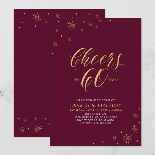 Invitation À 60 | Gold & Bourgogne 60e fête d'anniversaire (Devant / Derrière)