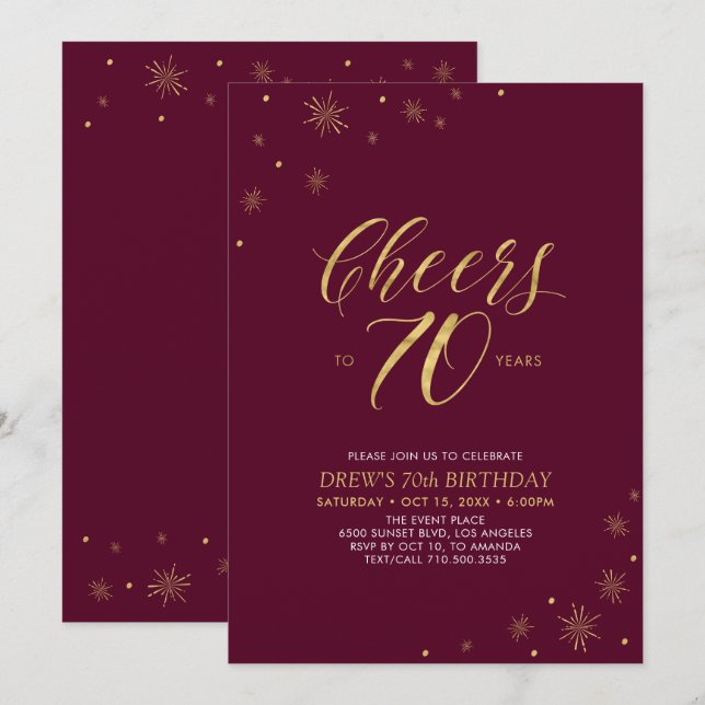 Invitation À 70 | Gold & Bourgogne 70e fête d'anniversaire (Devant / Derrière)