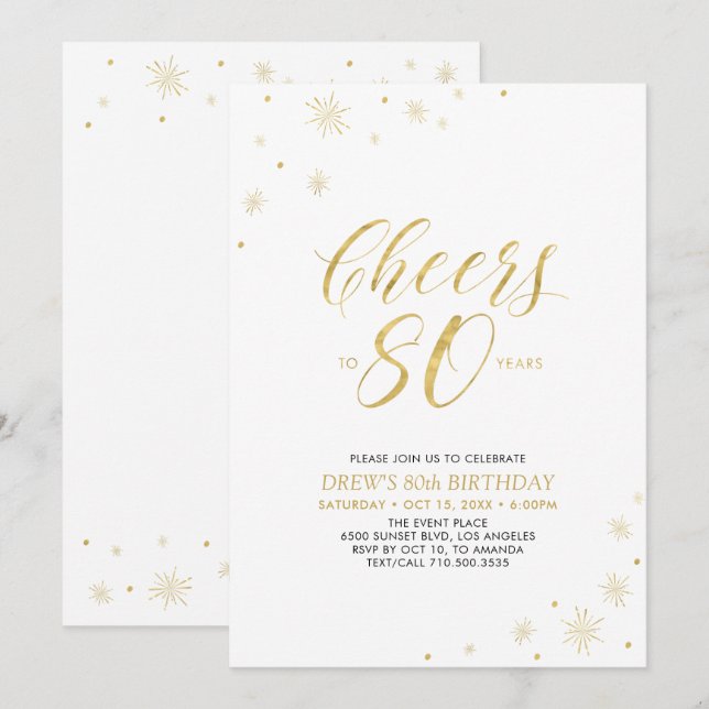 Invitation À 80 | Gold & White 80th Birthday Party (Devant / Derrière)