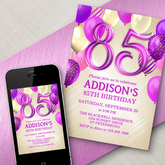 Invitation à 85e anniversaire des ballons roses (Créateur téléchargé)