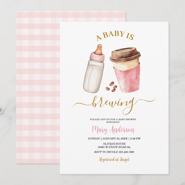 Invitation A Baby Is Brewing Coffee Baby Shower for girl (Devant / Derrière)