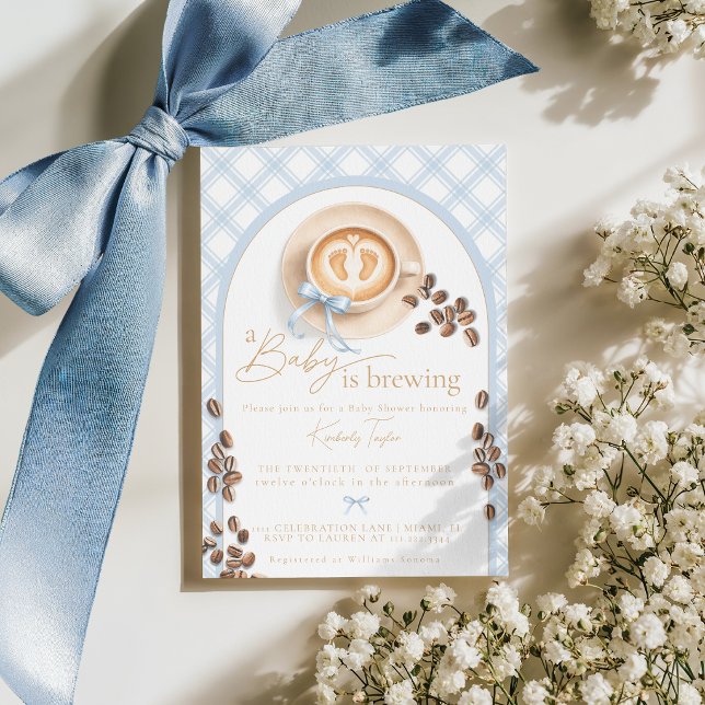 Invitation A Baby is Brewing Coffee Boy Blue Bow Baby Shower (Créateur téléchargé)