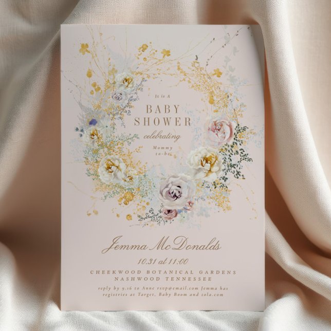 invitation à baby shower blanc botanique rose (Créateur téléchargé)