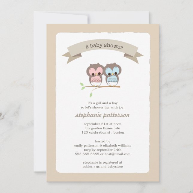 Invitation à Baby shower jumeau pour bébé Owl Girl (Devant)