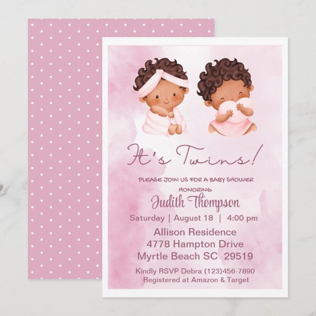 Invitation à Baby shower rose des filles jumelles  (Devant / Derrière)