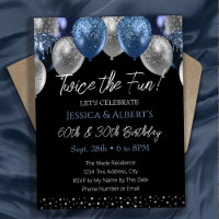 Invitation à ballons bleu et argent double anniver