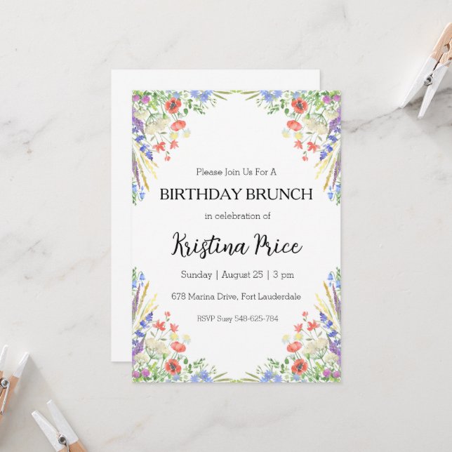 invitation à brunch d'anniversaire fleuri (Devant/Arrière en situation)