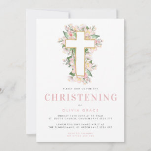 Invitation à Christening Cross Floral Rose