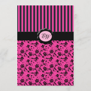 Invitation à Damas de monogramme à rayures roses e