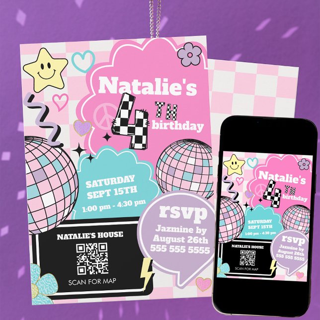Invitation à damiers Retro Super Disco 4e fête d'anniversaire (Créateur téléchargé)