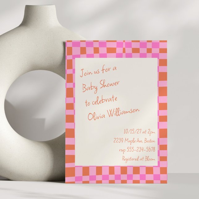 Invitation à damiers rose orange Script mignon Baby shower (Créateur téléchargé)