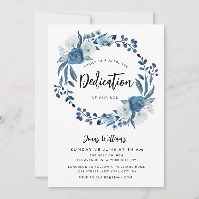 Invitation à dédicace pour bébé floral bleu marine (Devant)