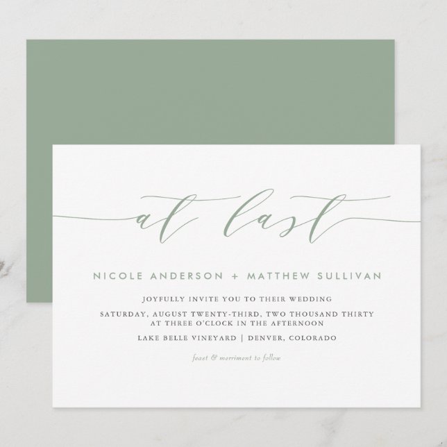 Invitation À Dernier Sage Green Minimalist Script Mariage (Devant / Derrière)