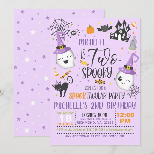 Invitation à deux Anniversaires Éffrayants - Viole (Devant / Derrière)
