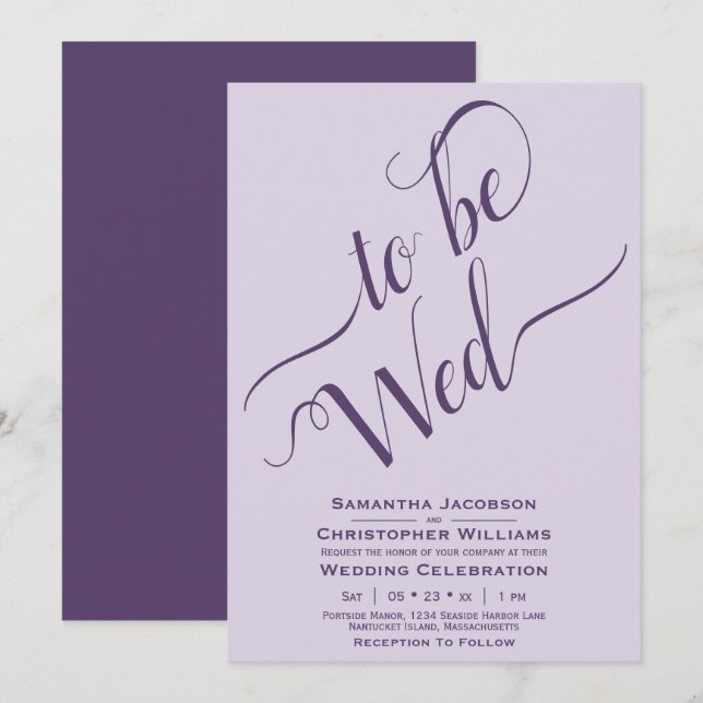 Invitation À Être Mer Élégante Calligraphie Violet Mariage (Devant / Derrière)