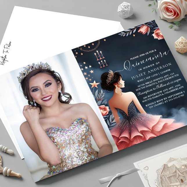 Invitation À Glam Ball Gown Spark Dark Navy Blue Quinceanera (Créateur téléchargé)