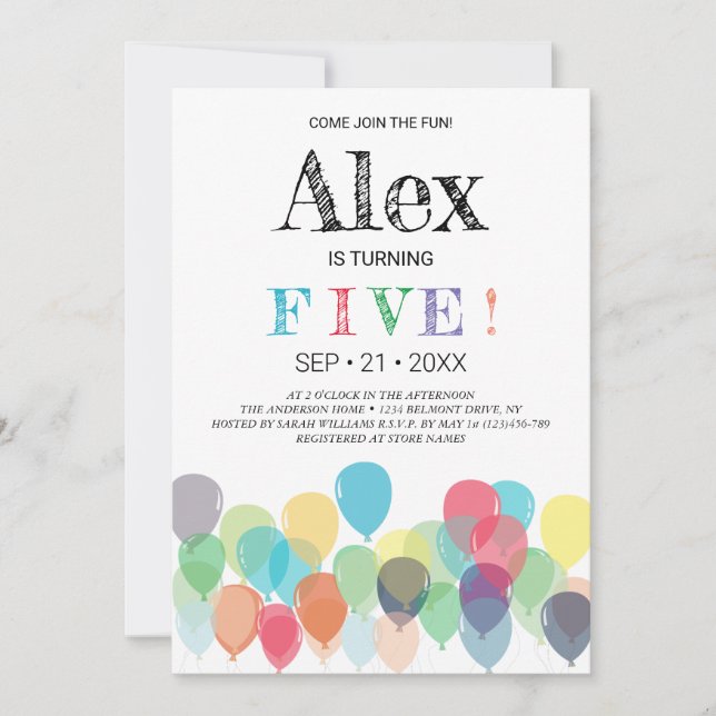 Invitation à la 5e fête des ballons d'anniversaire (Devant)