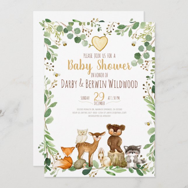 Invitation à la Baby Shower Animaux de la Forêt (Devant / Derrière)