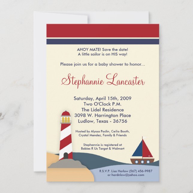 Invitation à la baby shower avec un voilier Ahoy M (Devant)