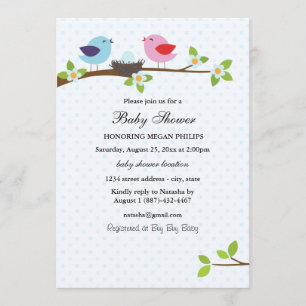 Invitation à la Baby Shower Bleu Famille d'Oiseaux