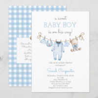 Invitation à la baby shower Boy Bear Clothesline