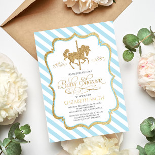 Invitation à la baby shower Carrousel Bleu Or