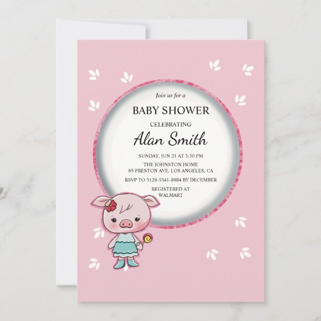 Invitation à la baby shower Cochon Rose Mignon (Devant)