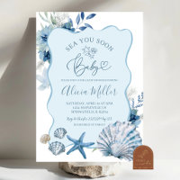 Invitation à la baby shower coquillage bohème bleu