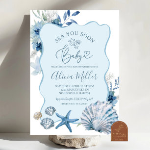 Invitation à la baby shower coquillage bohème bleu