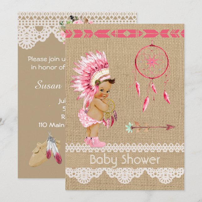 Invitation à la baby shower de bébé fille amérindi (Devant / Derrière)