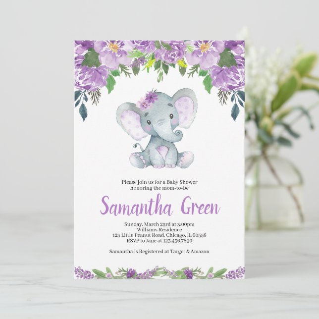 Invitation à la Baby Shower de l'Éléphant Violet (Debout devant)