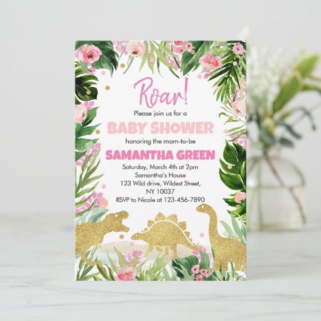 Invitation à la Baby Shower Dinosaur Fille (Debout devant)
