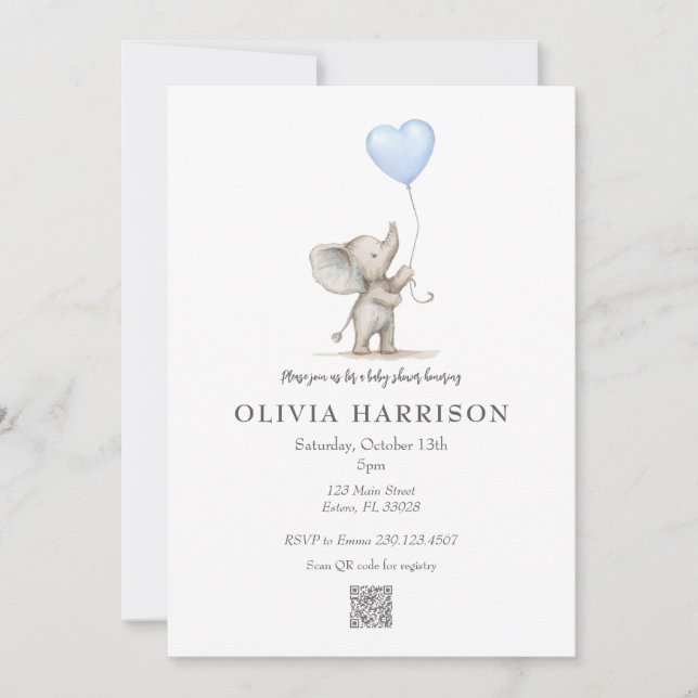 Invitation à la baby shower éléphant aquarelle (Devant)