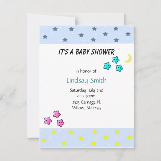 Invitation à la baby shower étoiles et lune (Devant)