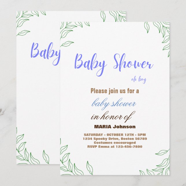 Invitation à la baby shower Eucalyptus Oh Boy (Devant / Derrière)