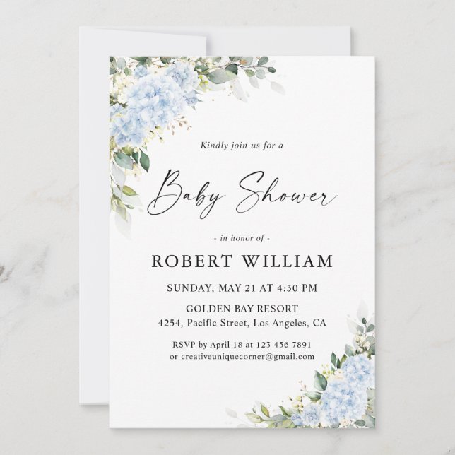 Invitation à la baby shower florale Hydrangea Bleu (Devant)