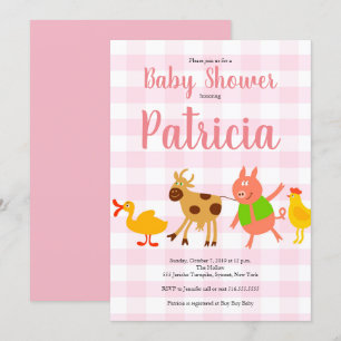 Invitation à la Baby Shower Gingham Ferme Animaux