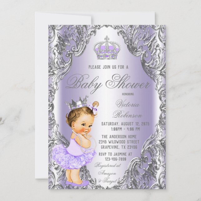 Invitation à la Baby Shower Lavande Silver Princes (Devant)