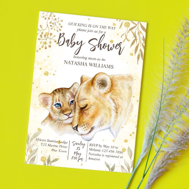 Invitation à la baby shower lionceau jaune or marr (Créateur téléchargé)