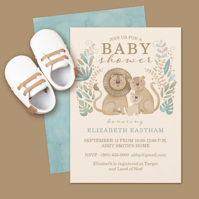Invitation à la baby shower pour garçon Safari Jun (A cute safari jungle lion baby shower invitation. Personalize it for your special day.)