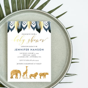 Invitation à la Baby Shower Safari Glamour Or Bleu