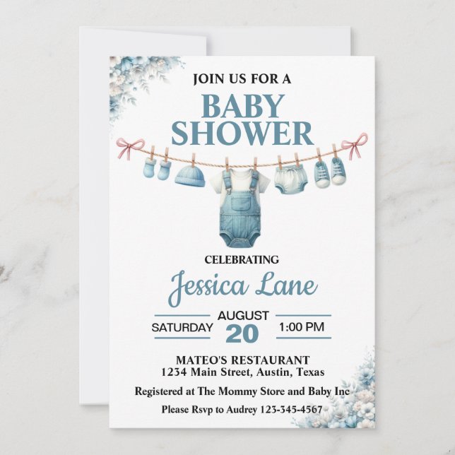 Invitation à la baby shower tenue de garçon mignon (Devant)