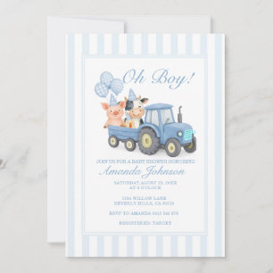 Invitation à la baby shower tracteur de ferme bleu