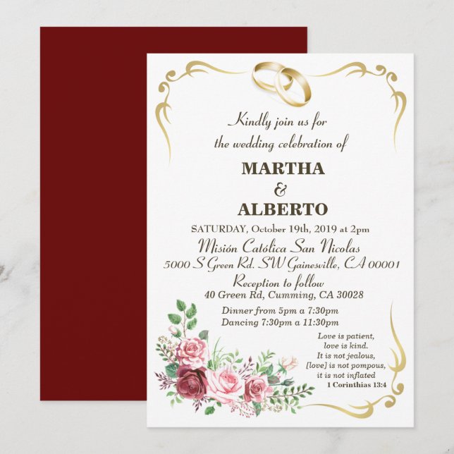 Invitation à la Bourgogne Floral Modern Gold Frame (Devant / Derrière)