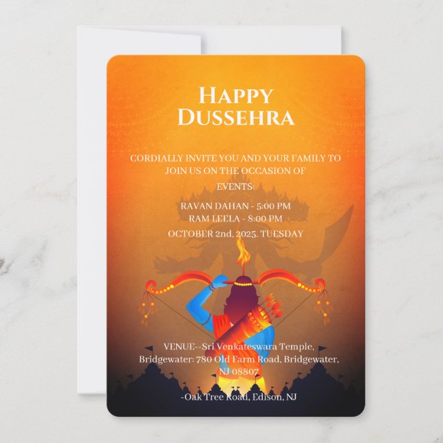 Invitation à la célébration de Dussehra (Devant)