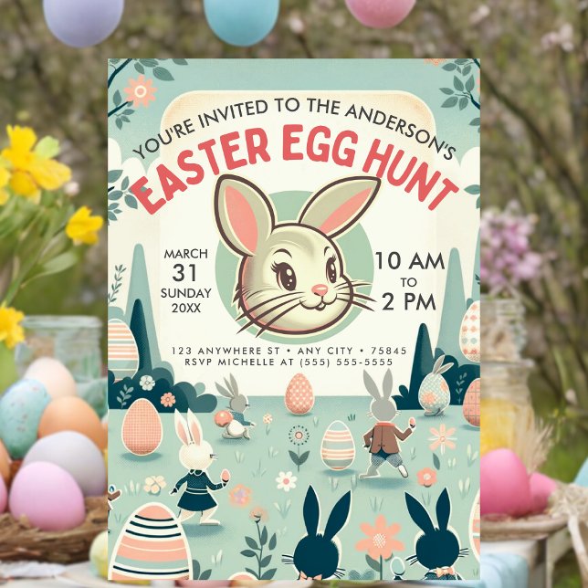 Invitation à la chasse aux oeufs de Pâques (A colorfuli Easter decorated table with a Retro Vintage Easter Egg hunt invitation on the table. )